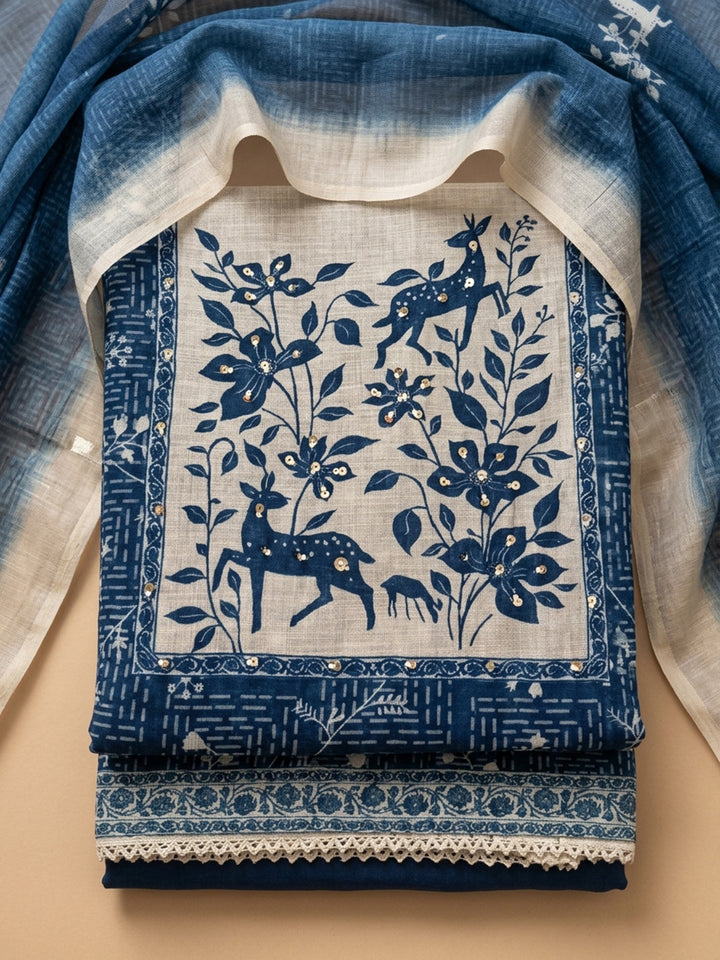 Indigo Printed Linen Blend Unstitched Suit &amp; Pant With Linen Dupatta