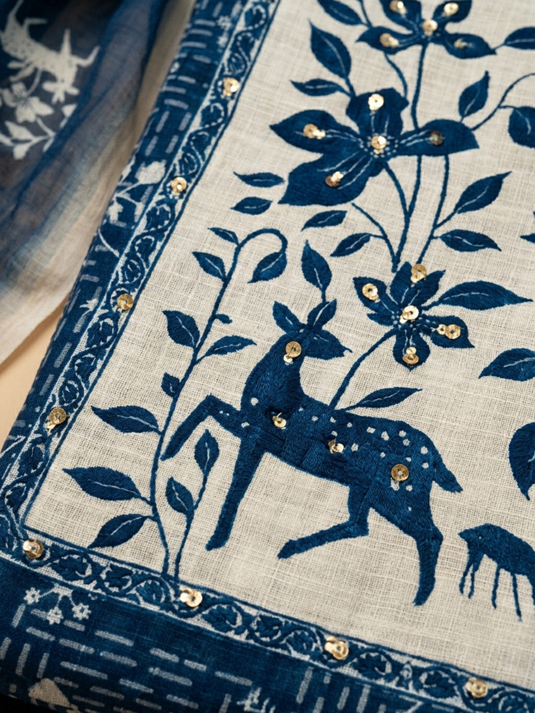 Indigo Printed Linen Blend Unstitched Suit &amp; Pant With Linen Dupatta