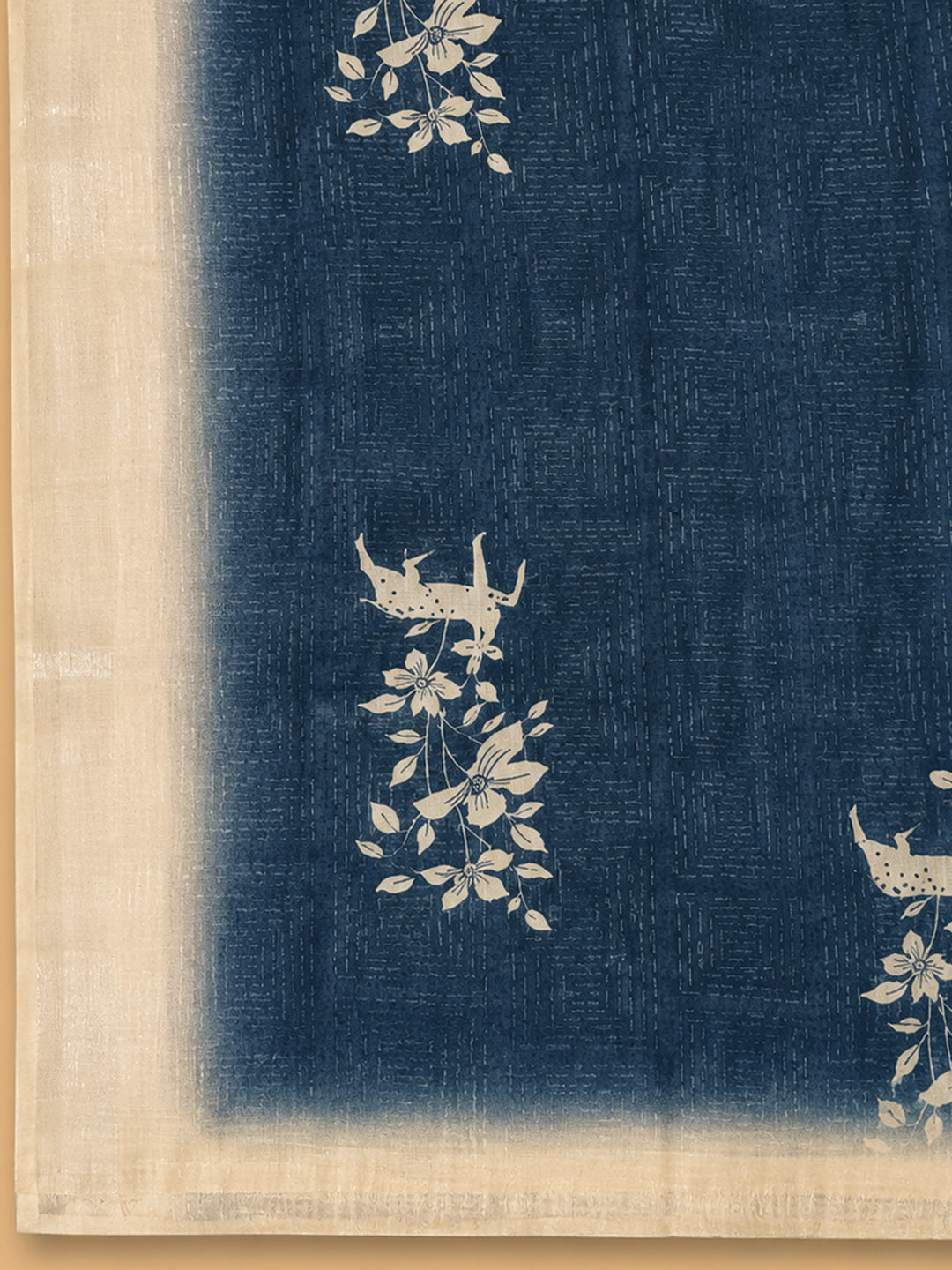 Indigo Printed Linen Blend Unstitched Suit &amp; Pant With Linen Dupatta