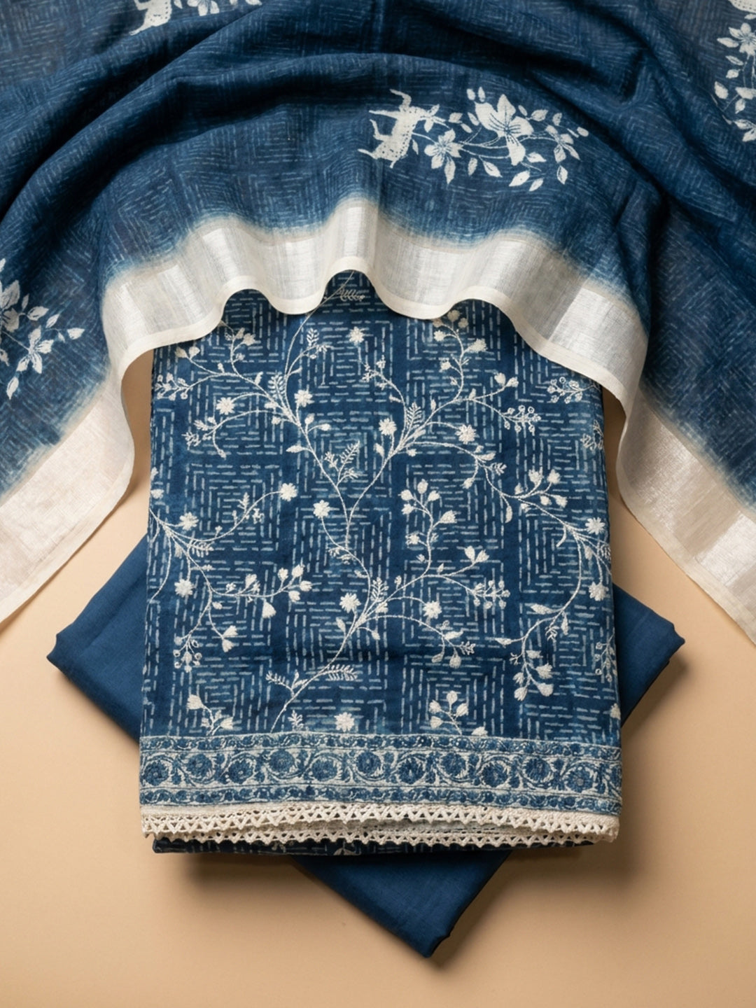 Indigo Printed Linen Blend Unstitched Suit &amp; Pant With Linen Dupatta