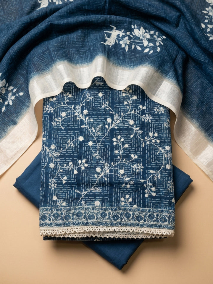 Indigo Printed Linen Blend Unstitched Suit &amp; Pant With Linen Dupatta