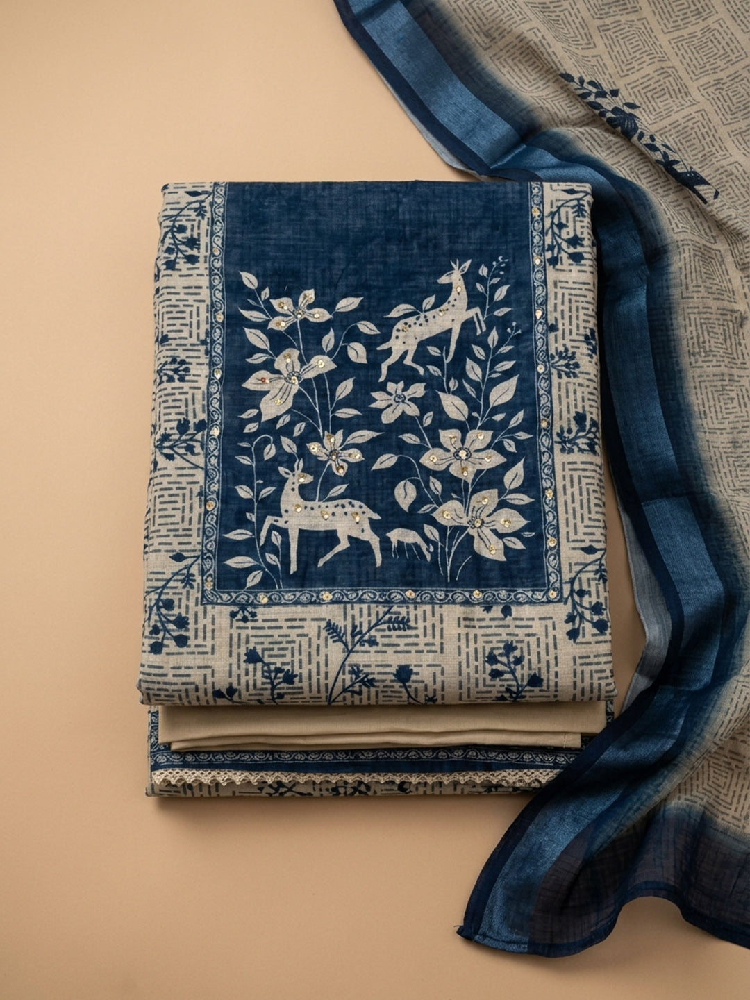 Off White Printed Linen Blend Unstitched Suit &amp; Pant With Linen Dupatta