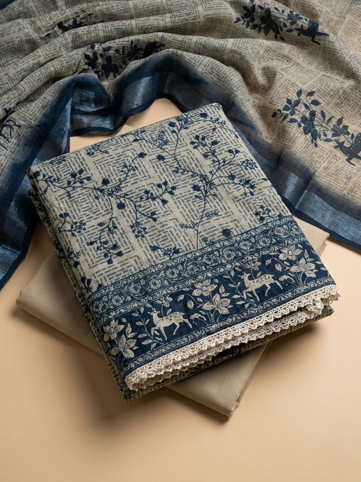Off White Printed Linen Blend Unstitched Suit &amp; Pant With Linen Dupatta