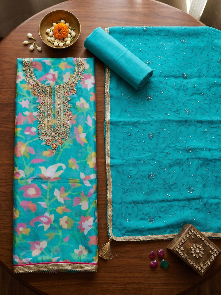 Neck Embroidered Organza Unstitched Suit With Dupatta