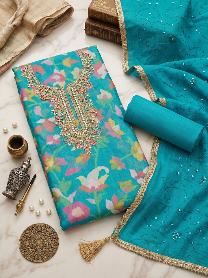 Neck Embroidered Organza Unstitched Suit With Dupatta