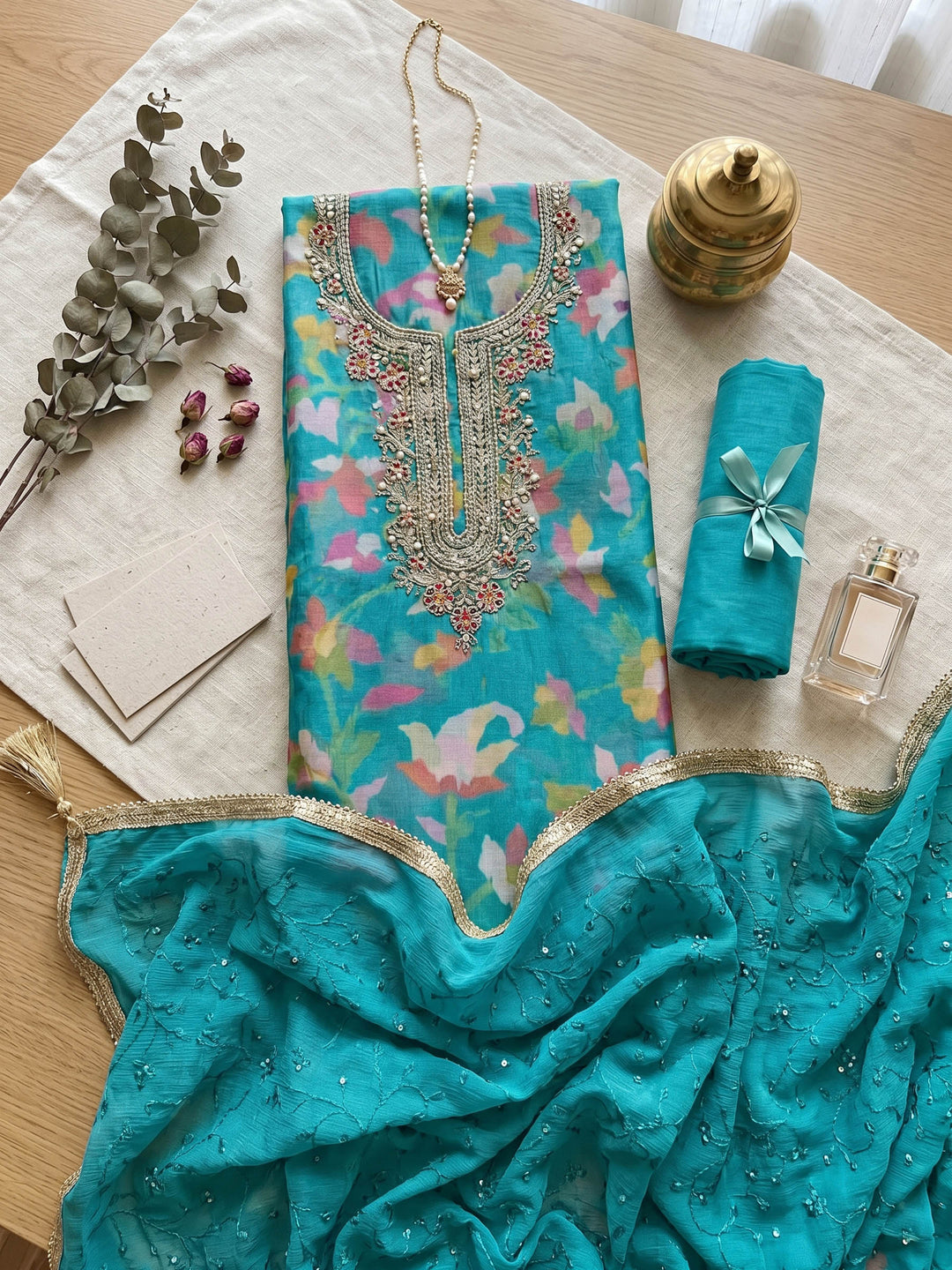 Neck Embroidered Organza Unstitched Suit With Dupatta