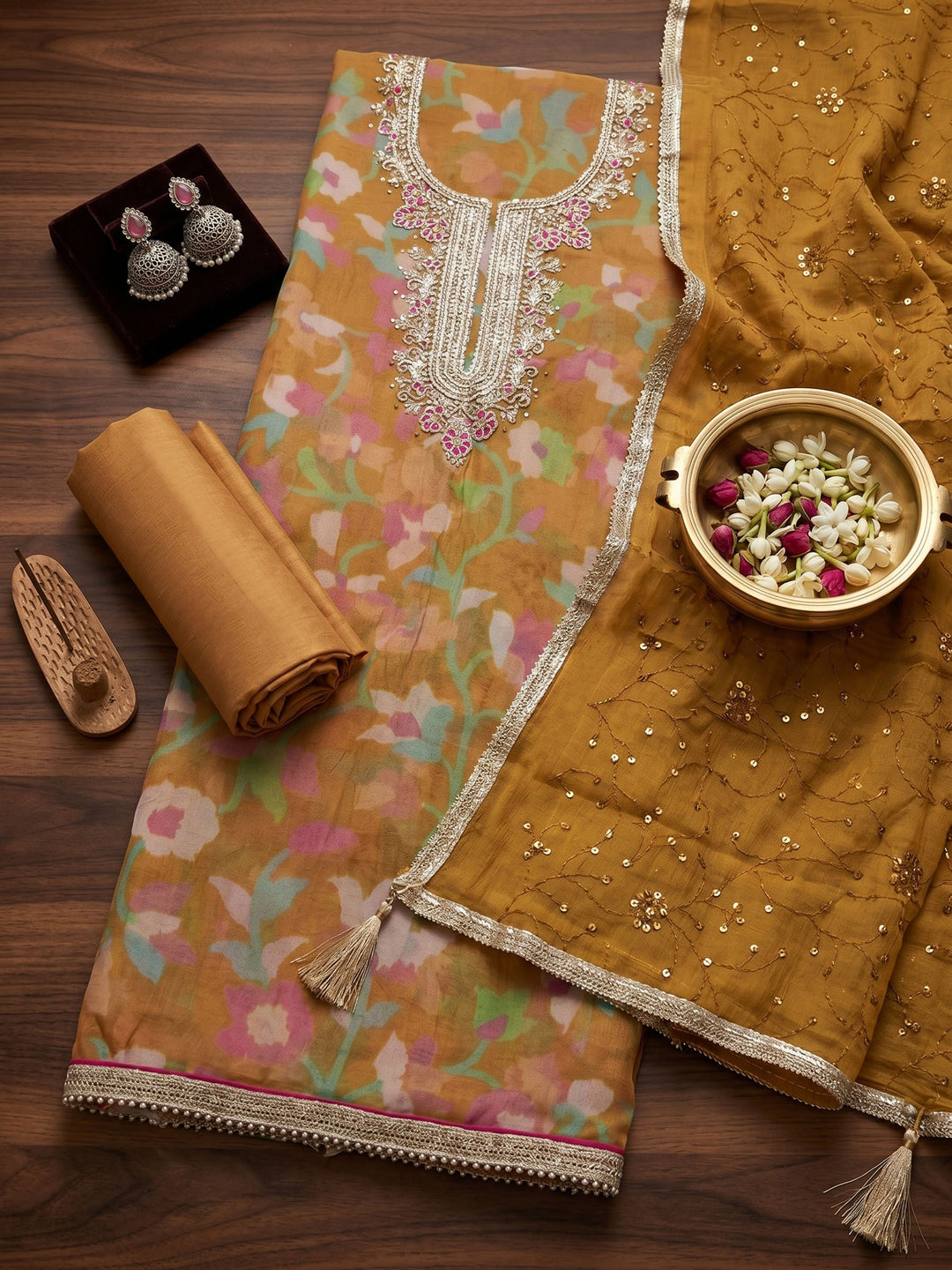 Neck Embroidered Organza Unstitched Suit With Dupatta