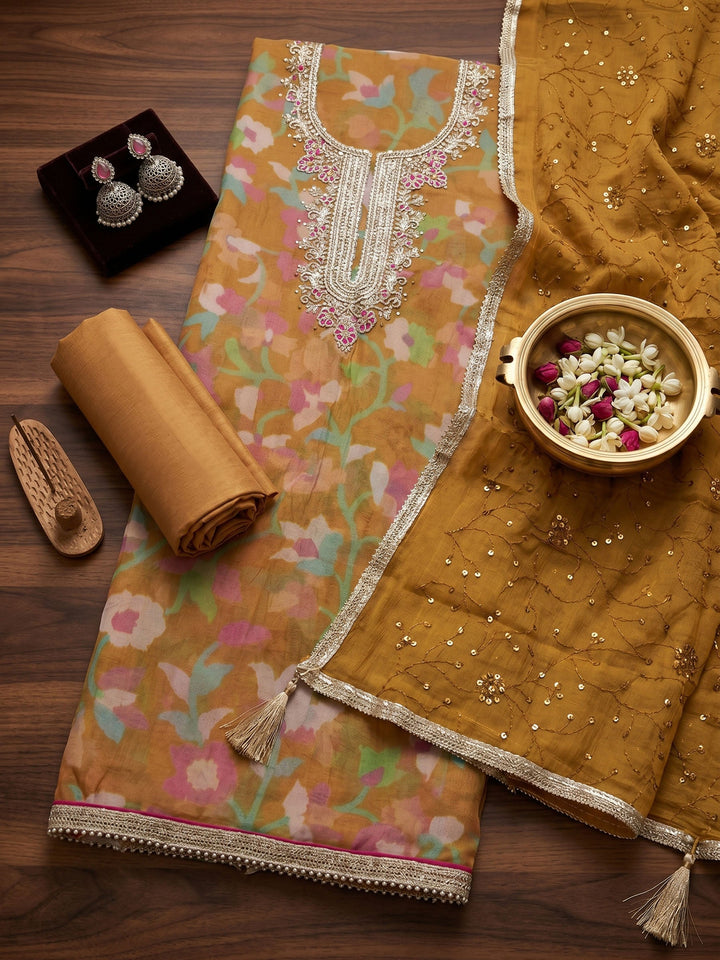 Neck Embroidered Organza Unstitched Suit With Dupatta