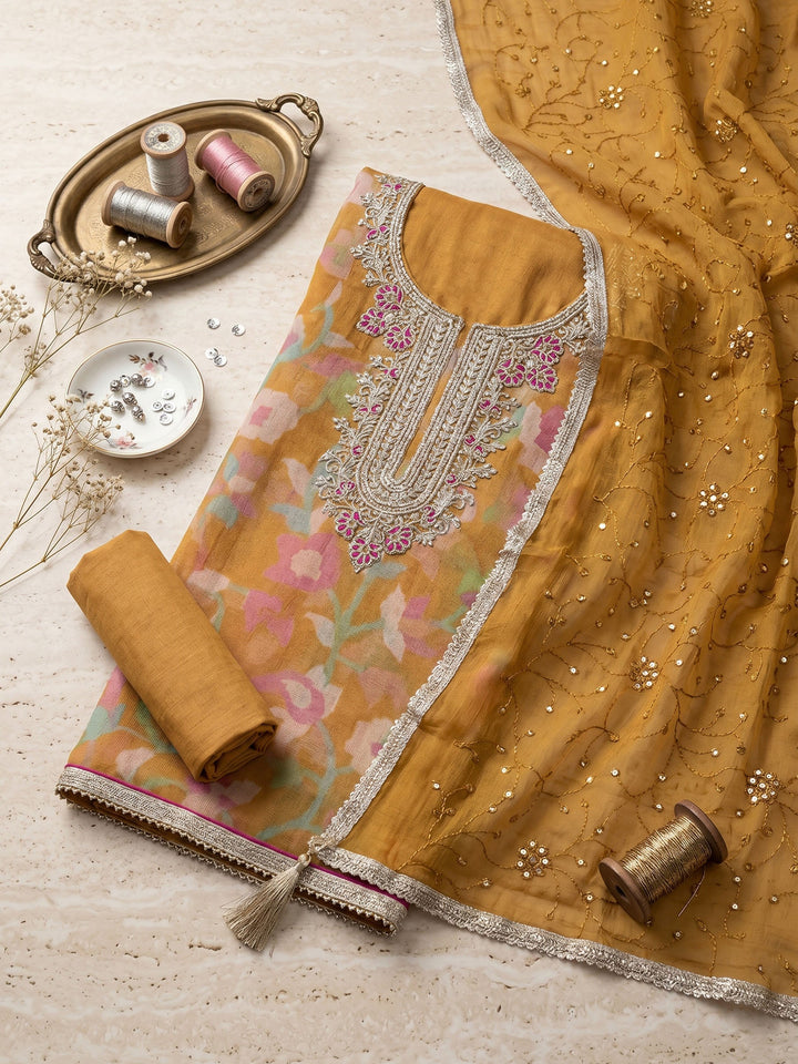 Neck Embroidered Organza Unstitched Suit With Dupatta