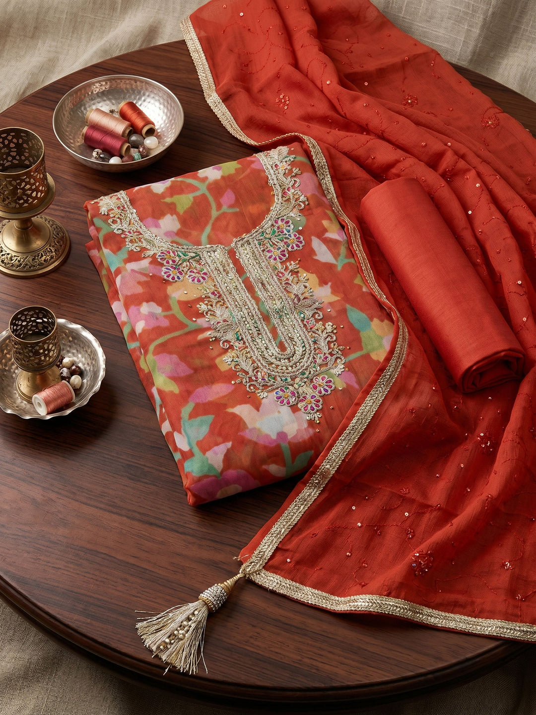 Neck Embroidered Organza Unstitched Suit With Dupatta