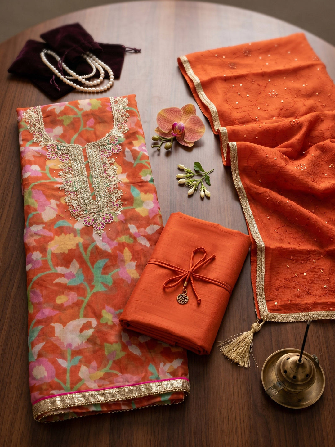 Neck Embroidered Organza Unstitched Suit With Dupatta