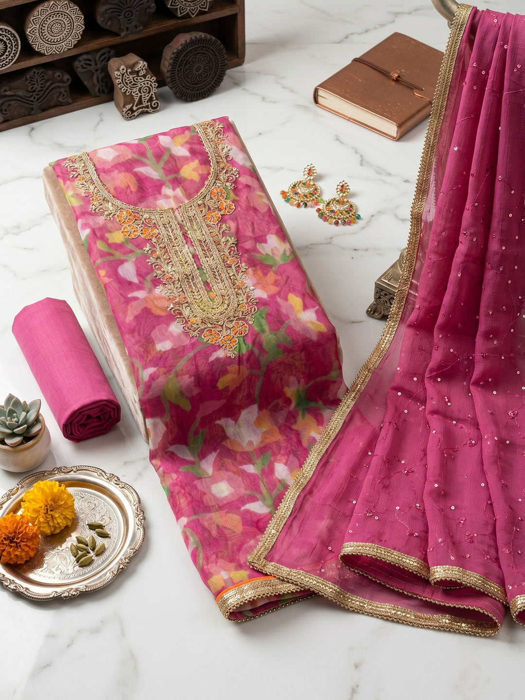 Neck Embroidered Organza Unstitched Suit With Dupatta