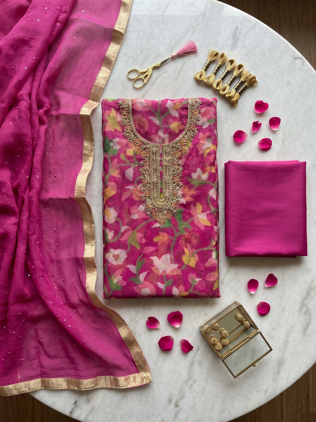 Neck Embroidered Organza Unstitched Suit With Dupatta