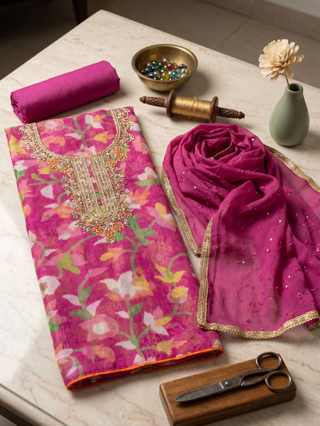 Neck Embroidered Organza Unstitched Suit With Dupatta