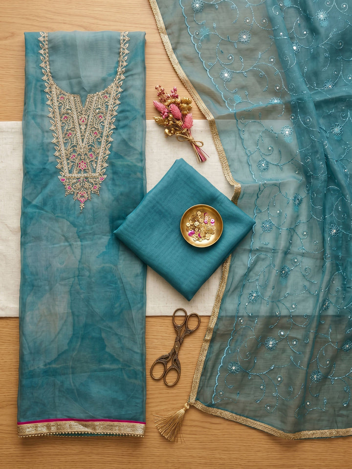Neck Embroidered Organza Unstitched Suit With Dupatta