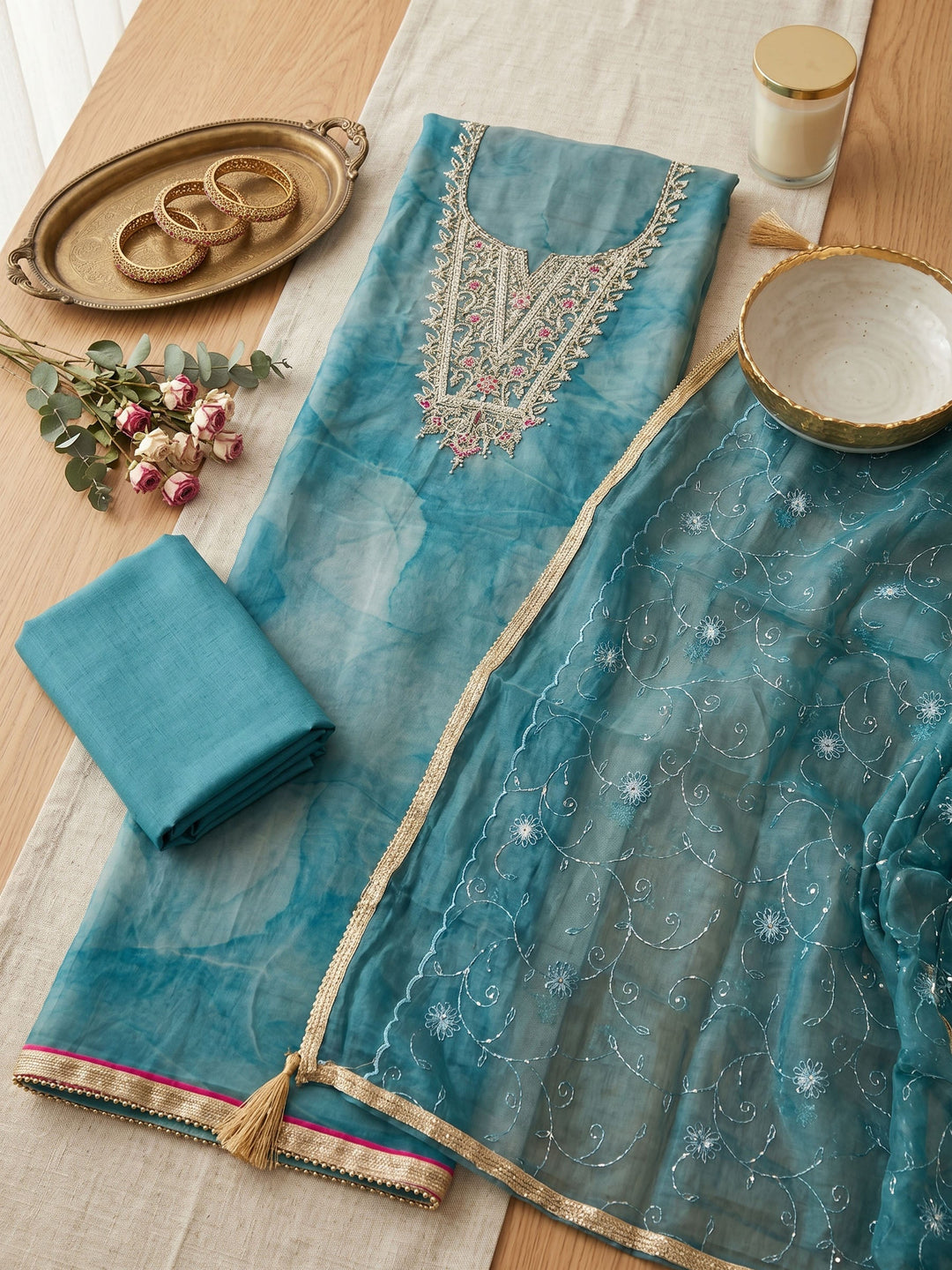 Neck Embroidered Organza Unstitched Suit With Dupatta