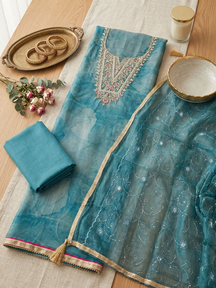 Neck Embroidered Organza Unstitched Suit With Dupatta