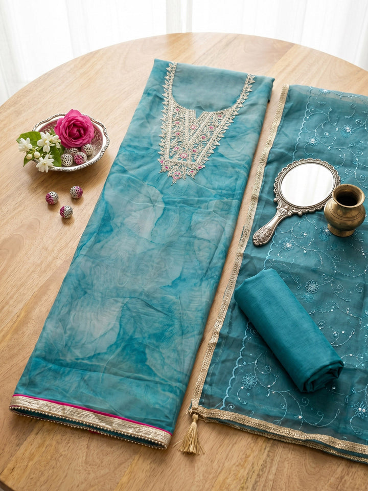 Neck Embroidered Organza Unstitched Suit With Dupatta