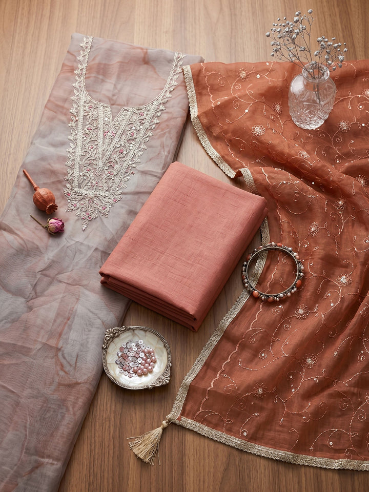 Neck Embroidered Organza Unstitched Suit With Dupatta