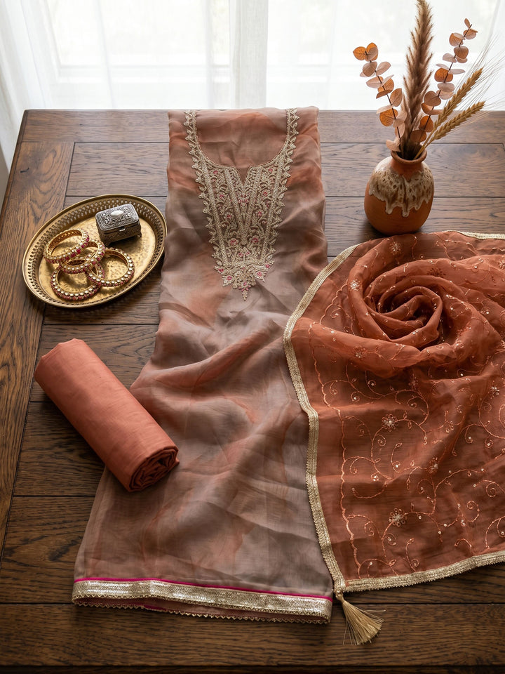 Neck Embroidered Organza Unstitched Suit With Dupatta