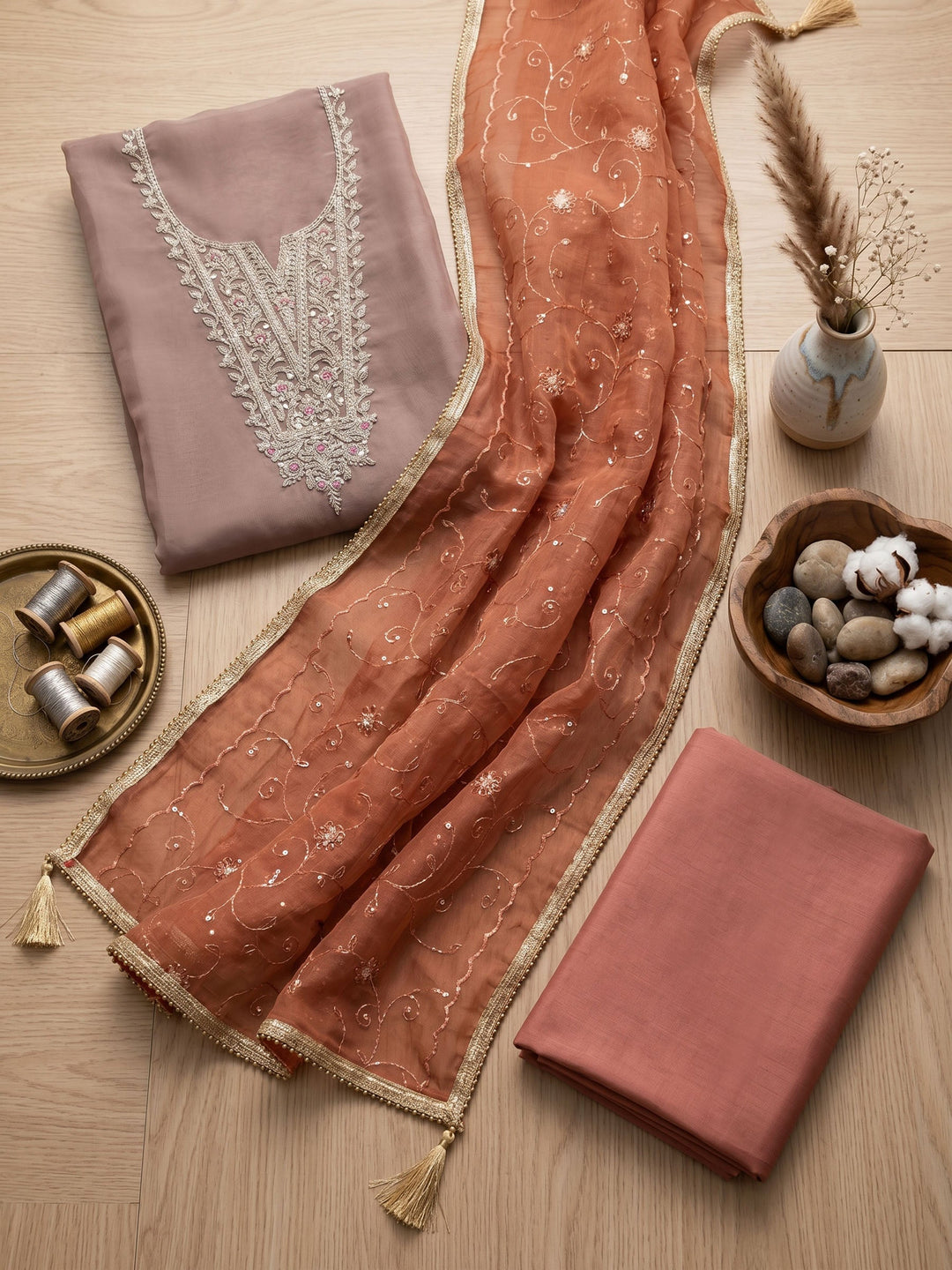 Neck Embroidered Organza Unstitched Suit With Dupatta