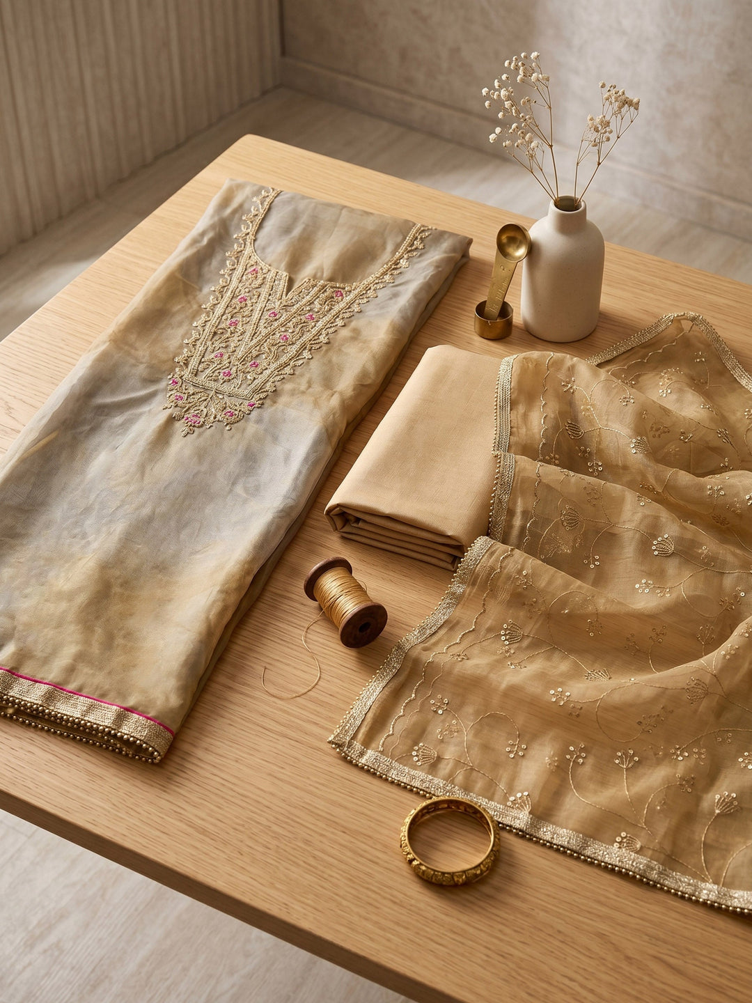 Neck Embroidered Organza Unstitched Suit With Dupatta
