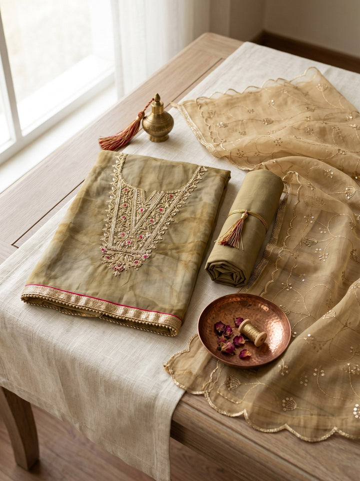 Neck Embroidered Organza Unstitched Suit With Dupatta