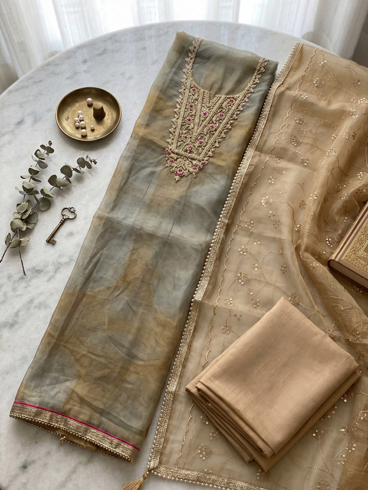 Neck Embroidered Organza Unstitched Suit With Dupatta