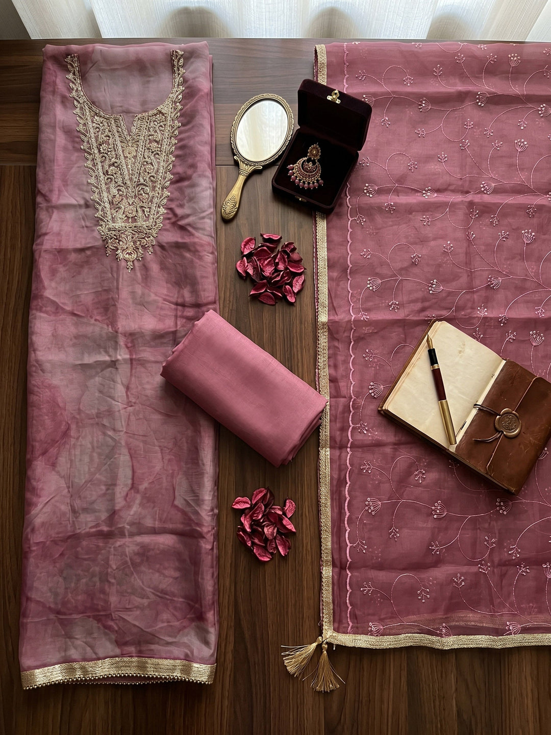 Neck Embroidered Organza Unstitched Suit With Dupatta