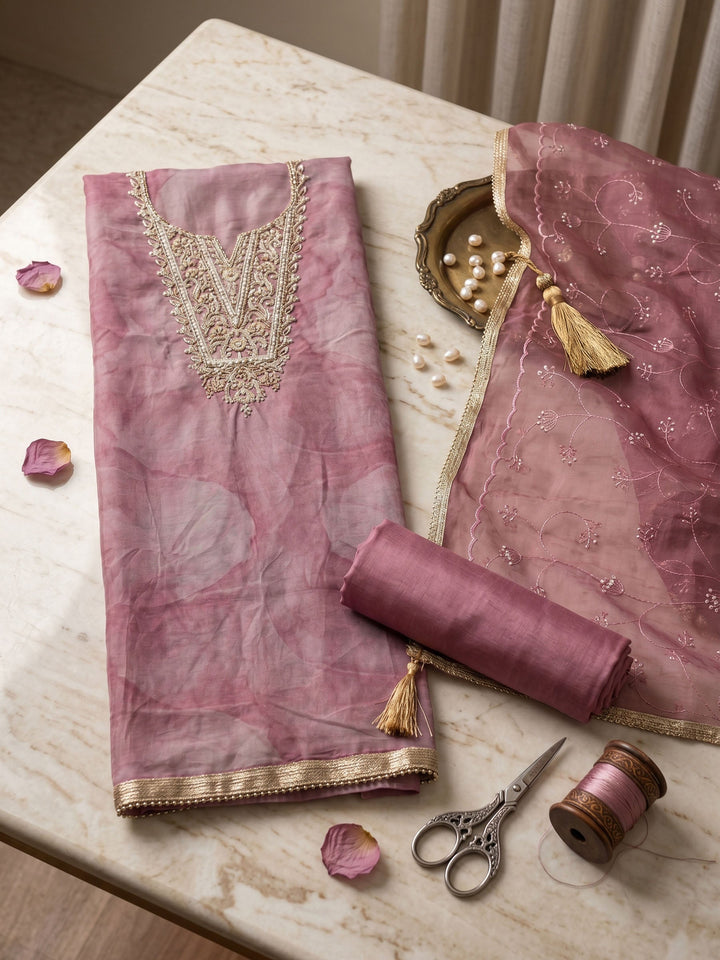 Neck Embroidered Organza Unstitched Suit With Dupatta