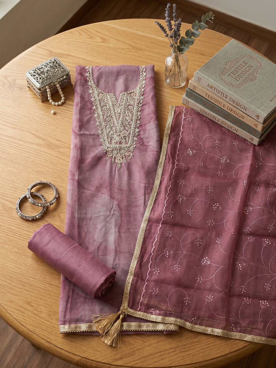 Neck Embroidered Organza Unstitched Suit With Dupatta