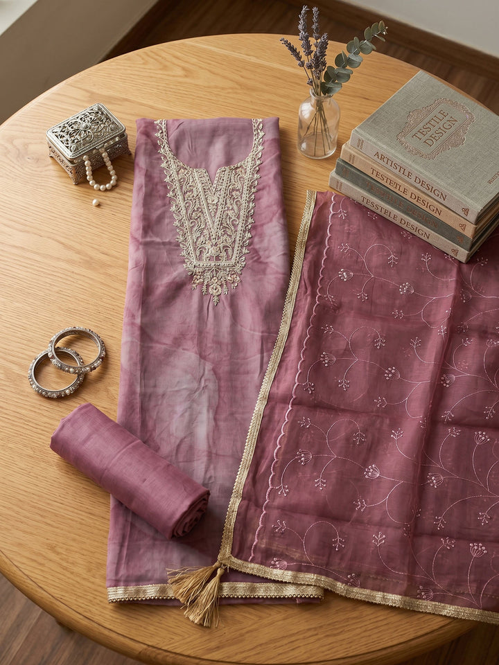 Neck Embroidered Organza Unstitched Suit With Dupatta