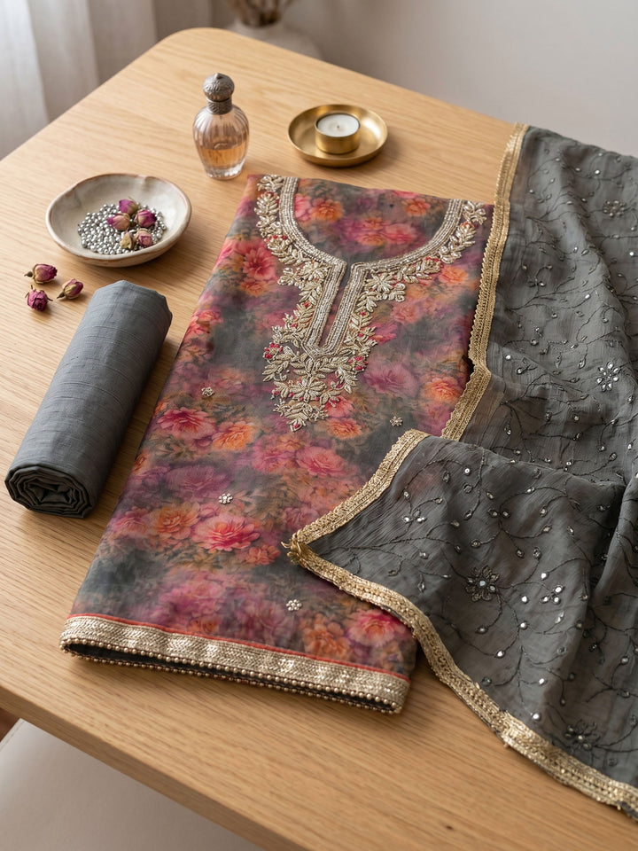 Neck Embroidered Organza Unstitched Suit With Dupatta