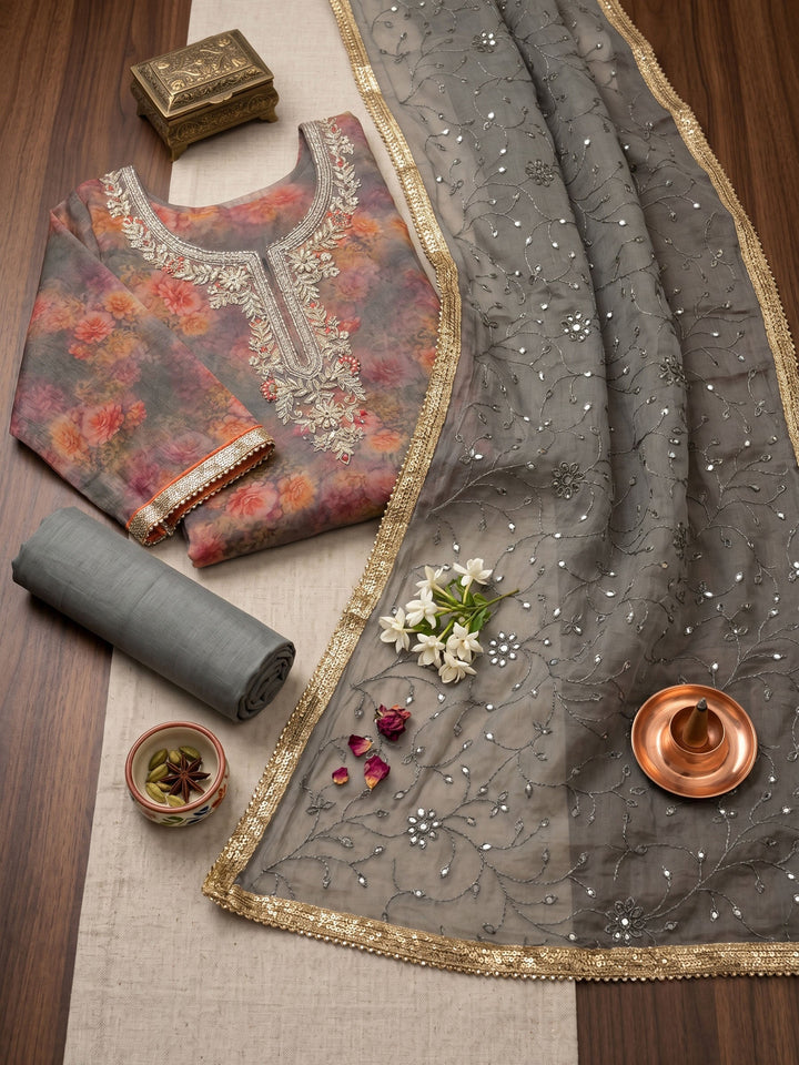 Neck Embroidered Organza Unstitched Suit With Dupatta