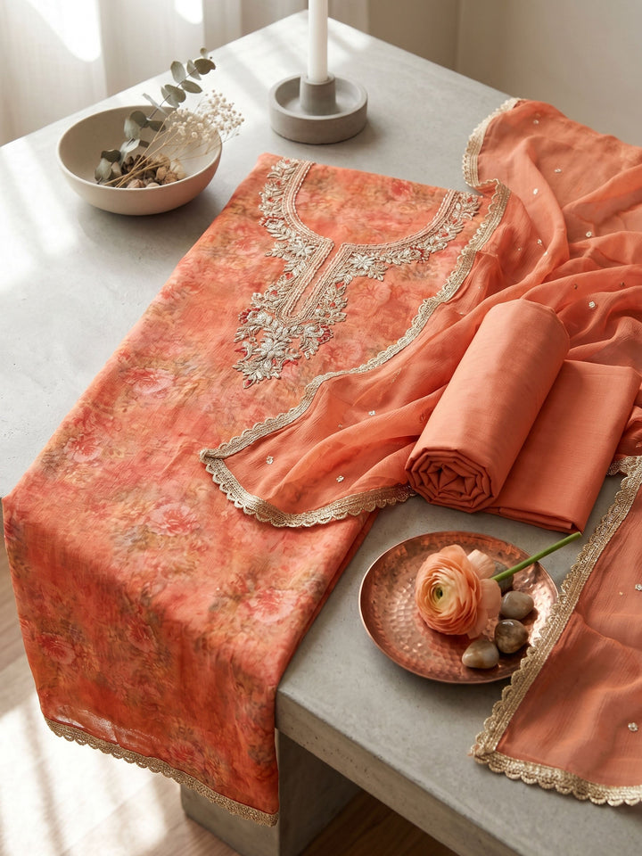 Neck Embroidered Organza Unstitched Suit With Dupatta