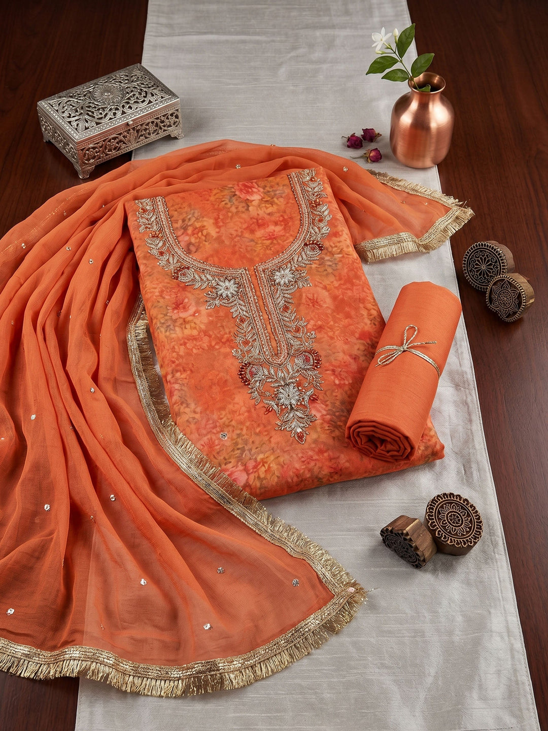 Neck Embroidered Organza Unstitched Suit With Dupatta
