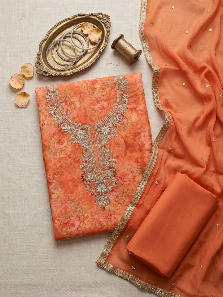 Neck Embroidered Organza Unstitched Suit With Dupatta