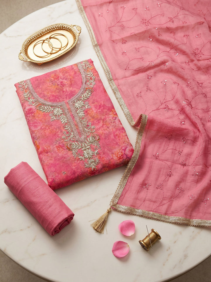 Neck Embroidered Organza Unstitched Suit With Dupatta