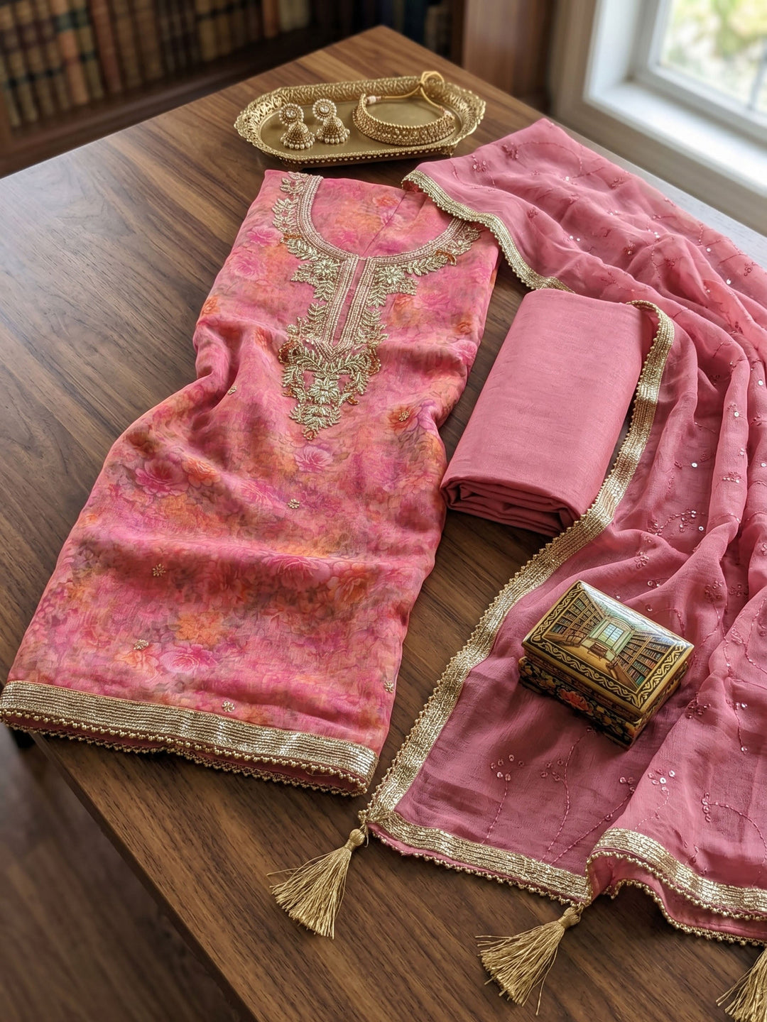 Neck Embroidered Organza Unstitched Suit With Dupatta