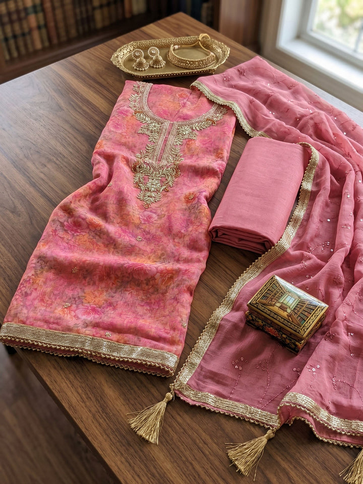 Neck Embroidered Organza Unstitched Suit With Dupatta