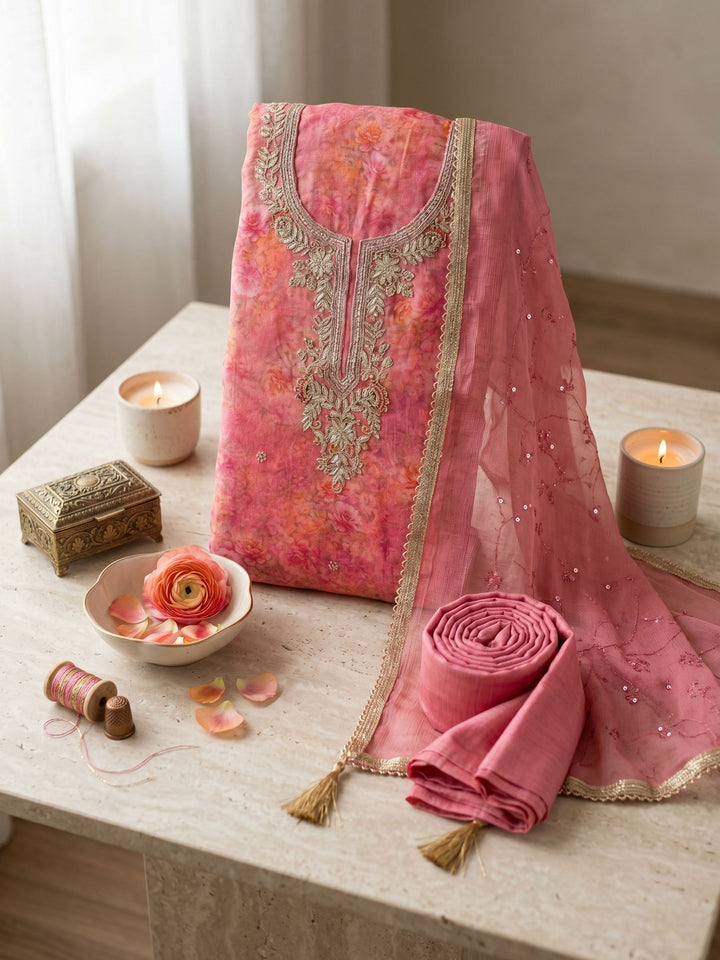 Neck Embroidered Organza Unstitched Suit With Dupatta