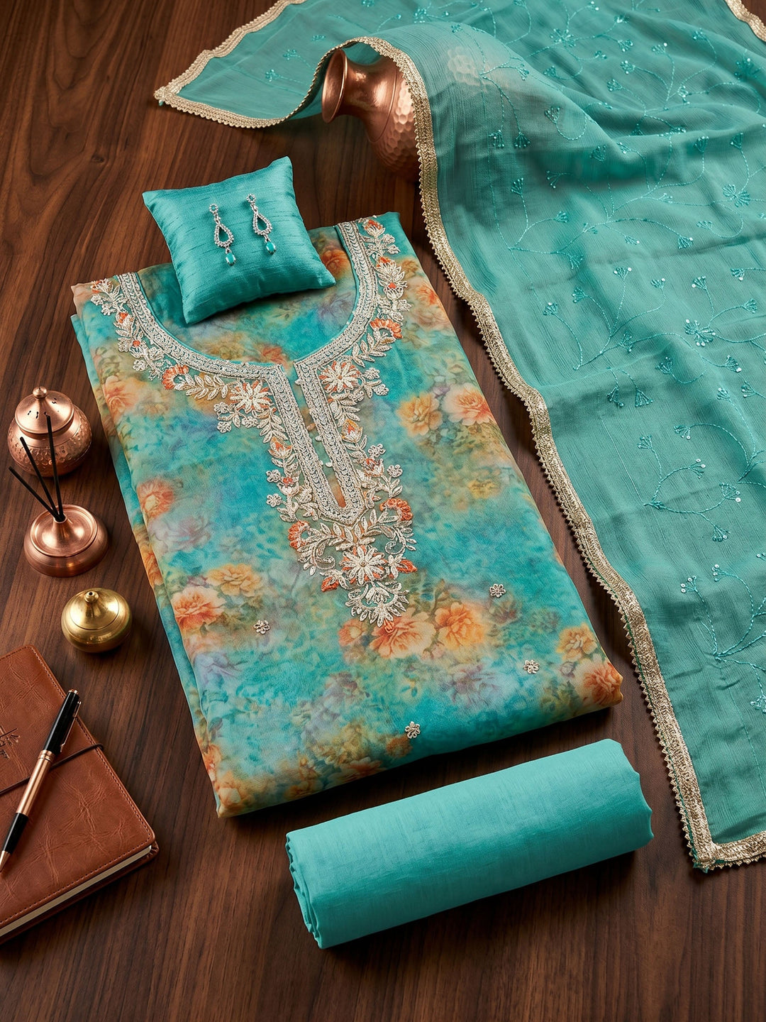 Neck Embroidered Organza Unstitched Suit With Dupatta