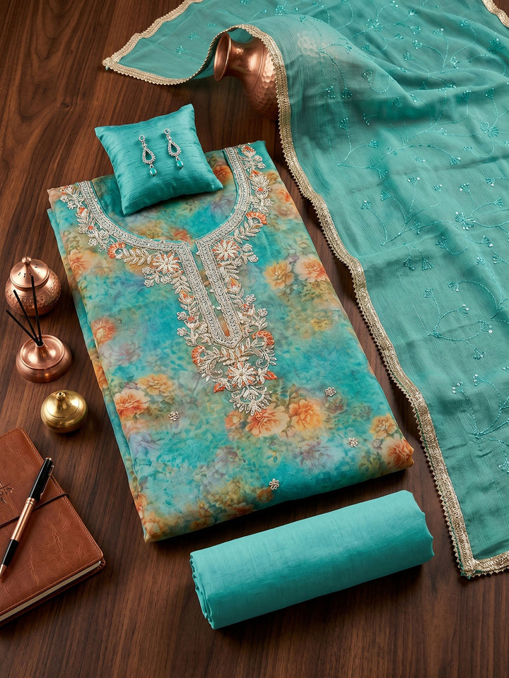 Neck Embroidered Organza Unstitched Suit With Dupatta