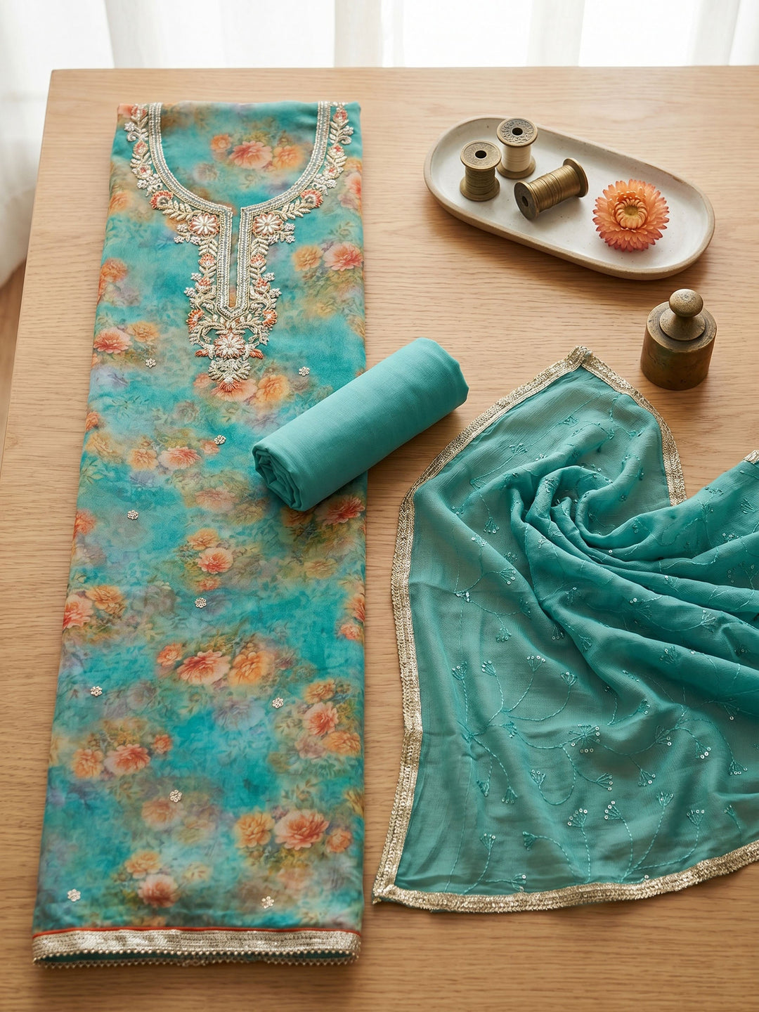 Neck Embroidered Organza Unstitched Suit With Dupatta