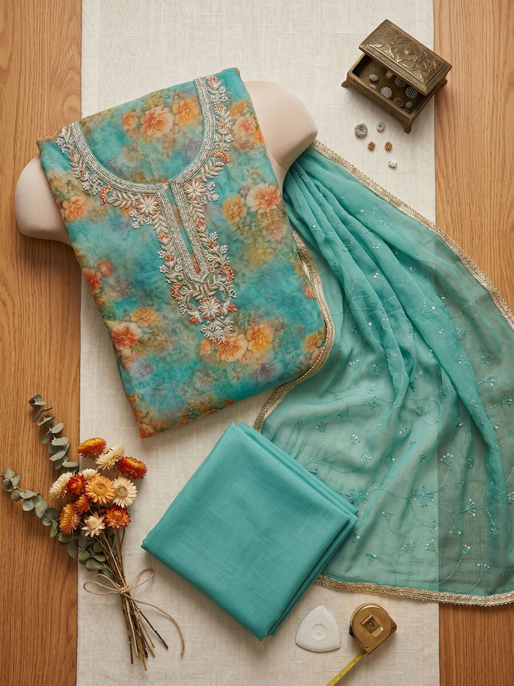 Neck Embroidered Organza Unstitched Suit With Dupatta