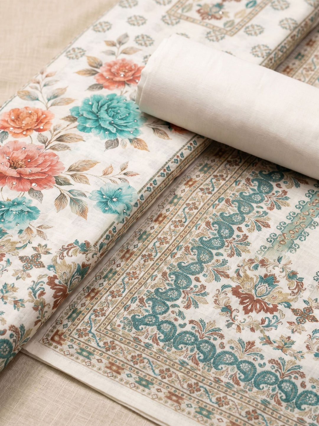 Embroidered Linen Unstitched Suit With Dupatta