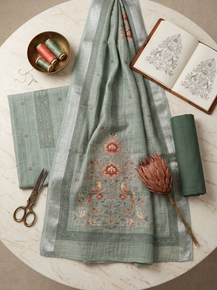 Embroidered Linen Unstitched Suit With Dupatta
