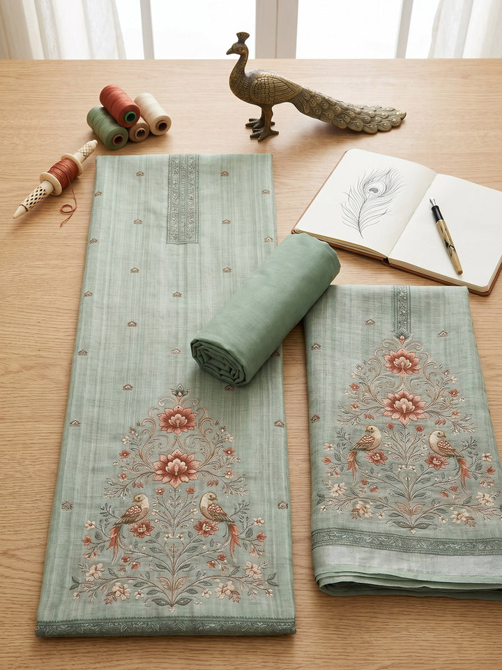 Embroidered Linen Unstitched Suit With Dupatta