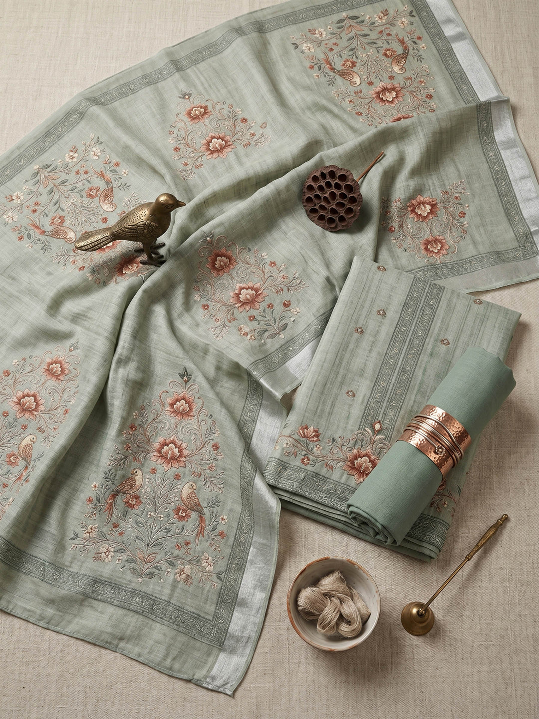 Embroidered Linen Unstitched Suit With Dupatta