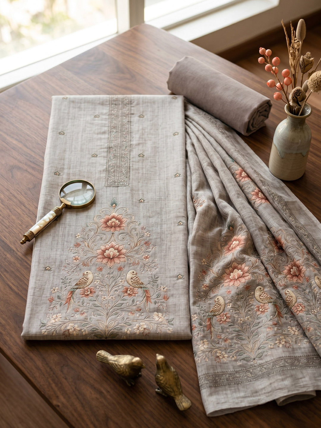 Embroidered Linen Unstitched Suit With Dupatta